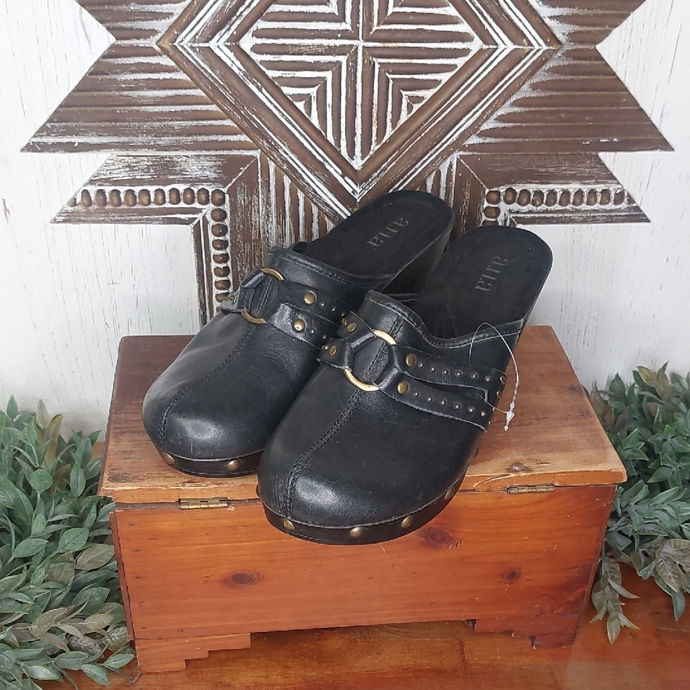 a.n.a Black Leather Clogs with Studded Details 8M